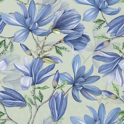 Decoupage Paper Napkins - Floral - Magnolia Acuminata Green

Mesmerized by the delicate beauty of these blue magnolia. Dive into the world of sophistication with these stunning blue magnolia napkins. A captivating contrast of vibrant blue magnolia blossoms against a backdrop of lush greenery. Nature&#39;s artistry at its finest! Decoupage It!!