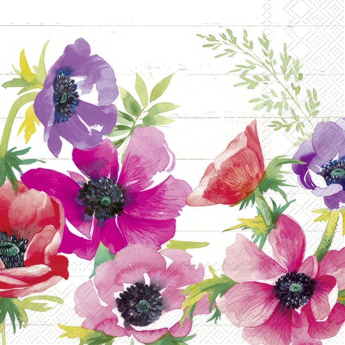 Decoupage Paper Napkins - Floral - Poppy

This vibrant decoupage paper napkin features a delightful array of poppies in full bloom, set against a subtly textured white background. The design showcases a stunning watercolor effect, with flowers in shades of red, pink, purple, and lavender, complemented by lush green foliage. The intricate detailing of the petals and the rich, contrasting centers of the poppies add depth and visual interest to the composition. Perfect for adding a splash of color and a touch of nature to your crafting projects, this napkin is ideal for decoupage, scrapbooking, and various decorative arts.