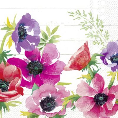 Decoupage Paper Napkins - Floral - Poppy

This vibrant decoupage paper napkin features a delightful array of poppies in full bloom, set against a subtly textured white background. The design showcases a stunning watercolor effect, with flowers in shades of red, pink, purple, and lavender, complemented by lush green foliage. The intricate detailing of the petals and the rich, contrasting centers of the poppies add depth and visual interest to the composition. Perfect for adding a splash of color and a touch of nature to your crafting projects, this napkin is ideal for decoupage, scrapbooking, and various decorative arts.