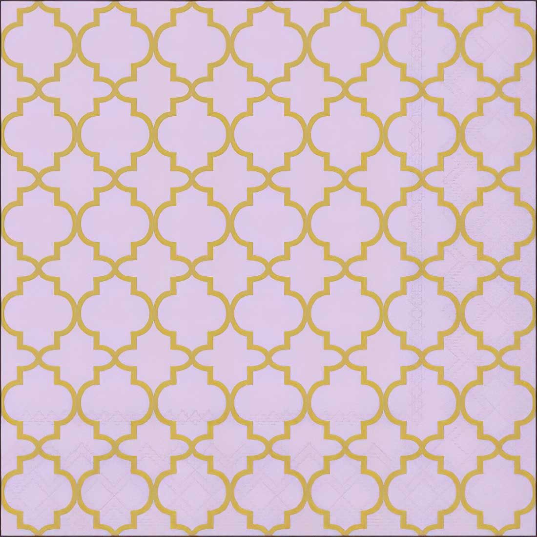 Decoupage Paper Napkins - Pattern - Ogee Gold/Lila

This decoupage paper napkin features a sophisticated ogee pattern in gold set against a soft pink background. The design exudes a blend of classic elegance and modern flair, making it perfect for adding a touch of refinement to any crafting project.