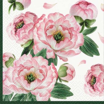 Decoupage Paper Napkins - Floral - Charming Blossom

This elegant decoupage paper napkin features a stunning design of large, pink peonies in full bloom. The delicate petals, shaded in soft pink hues with hints of white, create a lush and romantic floral arrangement. Rich green leaves provide a beautiful contrast, enhancing the vibrant blooms. Perfect for adding a touch of sophistication and natural beauty to any craft project.