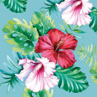 Decoupage Paper Napkins - Floral - Hibiscus-Floral-Petrol

This vibrant decoupage paper napkin showcases a lush tropical design featuring bold red and pink hibiscus flowers set against a backdrop of rich green monstera and palm leaves. The soft blue background enhances the vivid colors of the floral arrangement, creating a striking and exotic look. Perfect for adding a touch of the tropics to your craft projects.