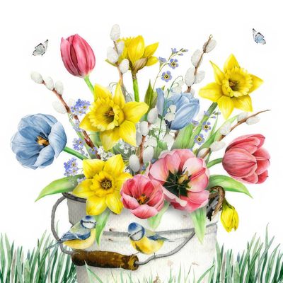 Decoupage Paper Napkins - Floral - Flores-Frescas-de-Primavera

This beautiful decoupage paper napkin features a vibrant spring bouquet in a rustic pail. The arrangement includes yellow daffodils, pink and red tulips, and delicate blue and purple flowers, all surrounded by lush green leaves and grass. The scene is adorned with charming details such as two small birds and fluttering butterflies, adding a touch of whimsy and natural beauty. Perfect for spring-themed crafts, this napkin brings a fresh, cheerful ambiance to any project.