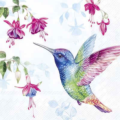 Decoupage Paper Napkins - Bird - Hummingbird Light Blue

This decoupage paper napkin features a beautifully detailed illustration of a vibrant hummingbird in mid-flight, with its wings outstretched and its colorful plumage on full display. The bird&#39;s feathers exhibit a stunning gradient of blues, greens, and purples, creating a captivating visual effect. Surrounding the hummingbird are delicate fuchsia flowers in various stages of bloom, adding a touch of elegance and a pop of bright color to the design. The background is a soft, light blue with subtle floral patterns, enhancing the overall aesthetic without overpowering the main elements. This napkin is perfect for adding a touch of nature&#39;s beauty to any craft project.