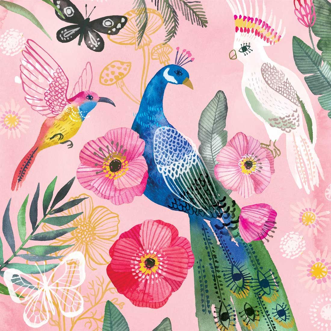 Decoupage Paper Napkins - Bird - Exotica

This decoupage paper napkin features a lively and exotic illustration set against a soft pink background. The centerpiece is a regal peacock, its striking blue and green plumage detailed with intricate patterns and eye-catching tail feathers. Accompanying the peacock is a vibrant hummingbird with shades of pink, yellow, and blue, a white cockatoo adorned with colorful crest feathers, and a graceful black butterfly. Scattered among the birds are large, vividly colored flowers in pink and red hues, along with lush green foliage, creating a lush, tropical ambiance. This napkin is ideal for adding a touch of vibrant elegance and exotic charm to any craft project.