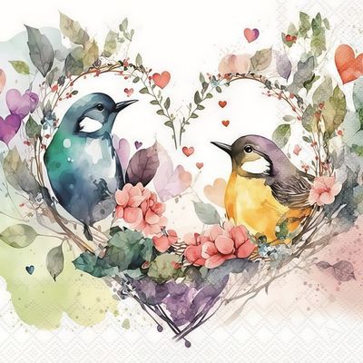 Decoupage Paper Napkins - Bird - Loving Birds

This decoupage paper napkin showcases a charming and romantic scene with two birds perched within a heart-shaped wreath of delicate branches and leaves. The birds, one with turquoise and blue plumage and the other with yellow and purple feathers, are surrounded by soft pastel flowers and greenery. Scattered hearts in various shades of pink, purple, and red add a whimsical and loving touch to the design. The background is a clean, soft white, allowing the colorful and intricate details to stand out. This napkin is perfect for adding a touch of romance and nature-inspired beauty to any craft project.