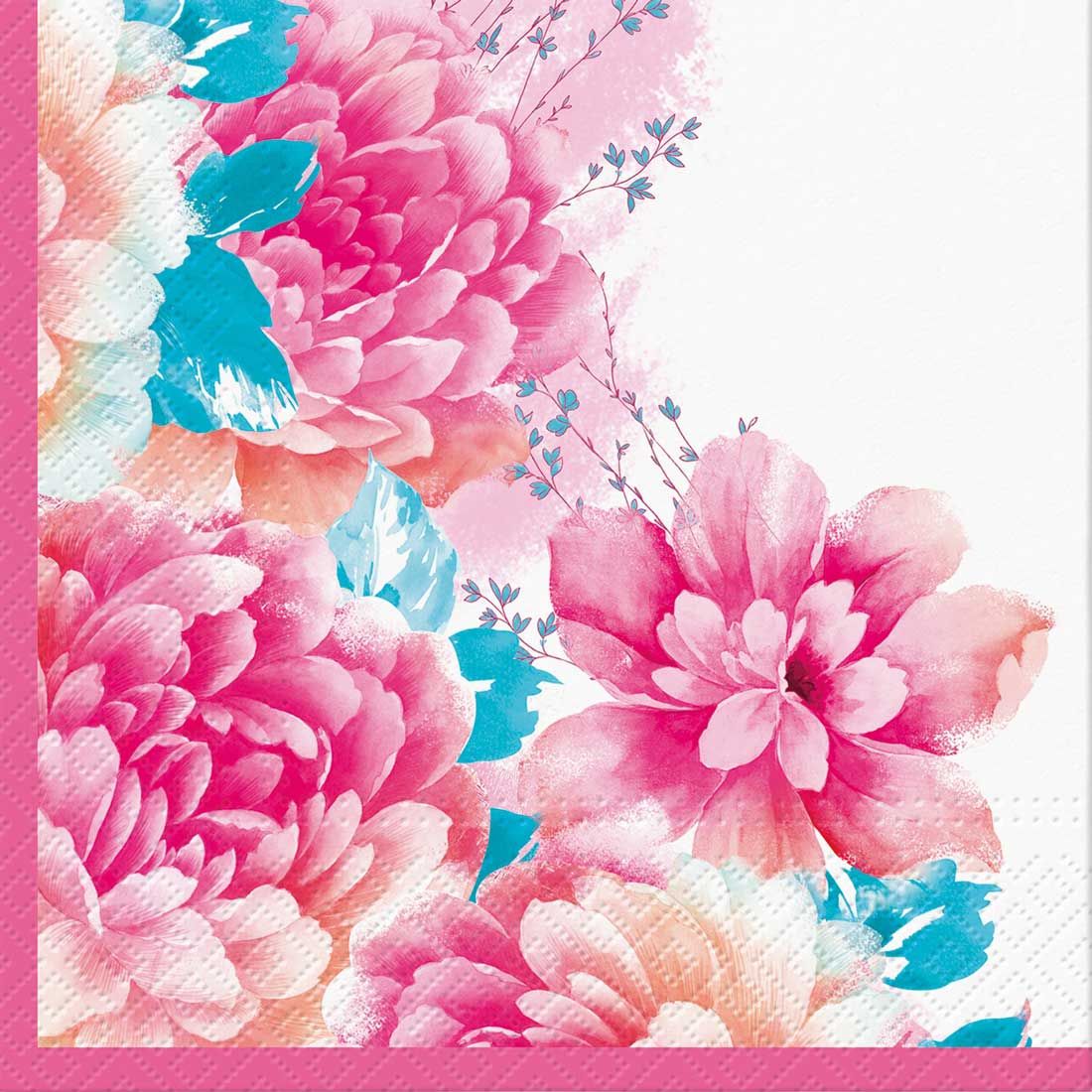 Decoupage Paper Napkins - Floral - Scent Of Spring

This decoupage paper napkin features a delightful and fresh floral design. The napkin showcases large, soft pink blossoms and delicate blue accents, creating a beautiful and harmonious color palette. The flowers are arranged artistically, blending into a subtle white background that enhances the vibrant hues of the petals. The overall effect is reminiscent of a spring garden in full bloom, making it an ideal choice for adding a touch of elegance and seasonal charm to any craft project. The pink border adds a finishing touch, framing the floral artwork beautifully.