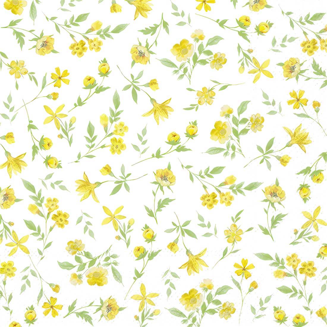 Decoupage Paper Napkins - Floral - Happy Flowers Yellow

Add a touch of elegance and charm to your next craft project with this beautiful decoupage paper napkin. Featuring a delicate pattern of yellow flowers with lush green leaves set against a crisp white background, this napkin exudes a sense of fresh, floral beauty. Perfect for spring and summer gatherings, DIY crafts, or decorative purposes, the intricate floral design and vibrant colors will bring a delightful, natural feel to any setting. Ideal for decoupage enthusiasts, this napkin is a wonderful choice for adding a touch of nature-inspired artistry to your creations.