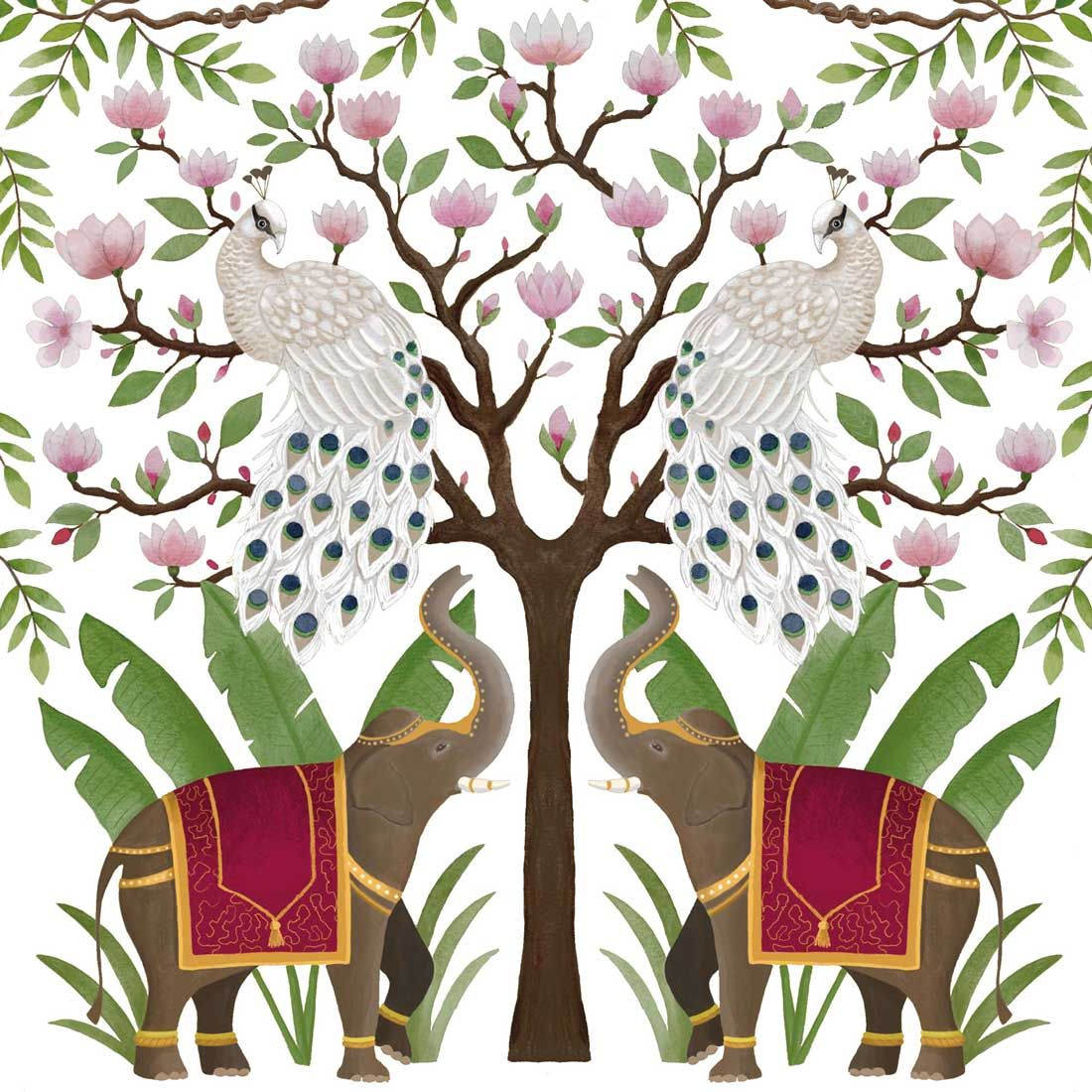 Decoupage Paper Napkins - Animals - Elephants &amp; Peacocks

Transform your crafts with this enchanting decoupage paper napkin featuring a majestic design of elephants and peacocks. The intricate artwork showcases two regal elephants adorned with rich, red saddle blankets, standing beneath a tree blooming with delicate pink flowers. Perched on the branches are two elegant white peacocks with beautifully detailed plumage. The lush green foliage and harmonious composition create a scene that exudes grace and sophistication. Perfect for exotic-themed parties, DIY crafts, or as a unique decorative accent, this napkin brings a touch of majestic beauty and cultural charm to any setting. Ideal for decoupage enthusiasts, this napkin adds a whimsical and artistic flair to your creative projects.