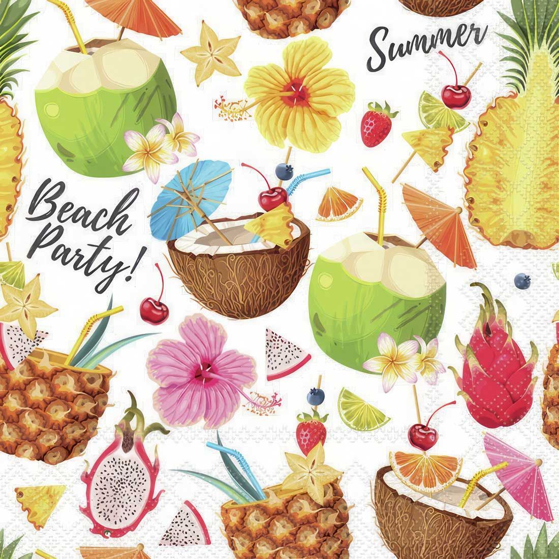 Decoupage Paper Napkins - Food &amp; Drinks - Beach Party White

This decoupage paper napkin exudes a vibrant, tropical vibe perfect for a summer-themed celebration. The lively design features an array of colorful elements, including coconuts, pineapples, dragon fruit, and refreshing tropical drinks garnished with umbrellas. Bright flowers, like hibiscus and plumeria, add to the festive atmosphere. Words like &quot;Beach Party!&quot; and &quot;Summer&quot; are playfully scattered throughout the pattern, enhancing the fun, beachy theme. Ideal for craft projects, this napkin brings a cheerful and energetic touch to any project.