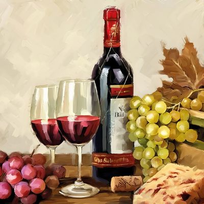 Decoupage Paper Napkins - Food &amp; Drinks - Wine &amp; Grapes

This beautifully illustrated decoupage paper napkin features a charming still life of wine and fruits. At its center, a bottle of red wine, partially opened with a cork lying beside it, is accompanied by two filled wine glasses, exuding a sense of sophistication and celebration. Surrounding the wine are clusters of fresh grapes in shades of green and purple, symbolizing abundance and harvest. The composition is completed with a rustic loaf of bread, suggesting a perfect setting for a leisurely meal. The warm and inviting colors make this napkin an ideal choice for any project.