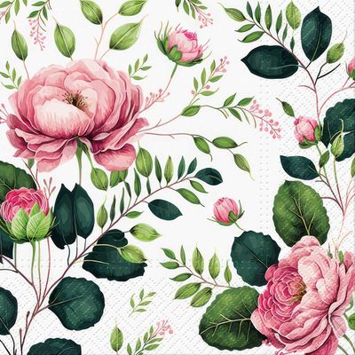 Decoupage Paper Napkins - Floral - Noble Roses

This decoupage paper napkin features a stunning floral design on a crisp white background. The pattern includes lush pink roses in full bloom, accompanied by delicate rosebuds and a variety of green leaves and sprigs. The intricate detailing and vibrant colors of the flowers and foliage make this napkin perfect for adding a touch of sophistication and natural beauty to any craft project.


