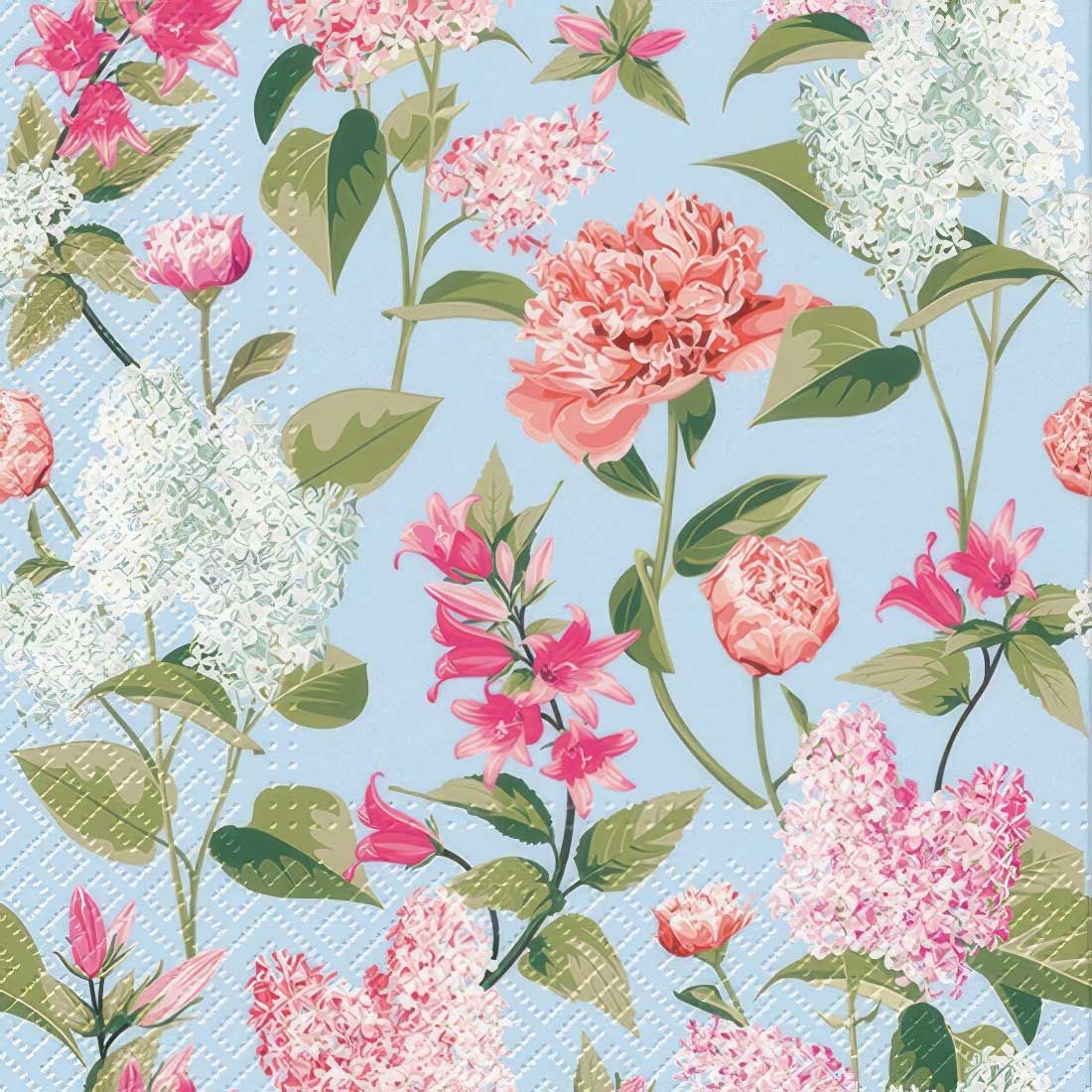 Decoupage Paper Napkins - Floral - Lilac With Peonies

This decoupage paper napkin features a charming floral pattern set against a light blue background. The design showcases a variety of vibrant flowers, including pink peonies, lilacs, and other blossoms with detailed green foliage. The intricate detailing and bright colors make this napkin perfect for adding a touch of elegance and beauty to any craft project.