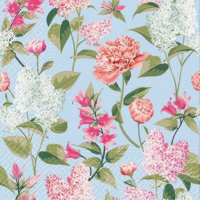 Decoupage Paper Napkins - Floral - Lilac With Peonies

This decoupage paper napkin features a charming floral pattern set against a light blue background. The design showcases a variety of vibrant flowers, including pink peonies, lilacs, and other blossoms with detailed green foliage. The intricate detailing and bright colors make this napkin perfect for adding a touch of elegance and beauty to any craft project.