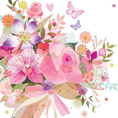 Decoupage Paper Napkins - Floral - Rose Bouquet

This enchanting decoupage paper napkin showcases a stunning bouquet of flowers in a soft, pastel palette. Featuring delicate roses, vibrant orchids, and a variety of other blossoms, the design is interwoven with lush greenery and whimsical butterflies, creating a lively and romantic composition. A subtle pink ribbon ties the bouquet together, adding a touch of elegance and charm. Perfect for spring and summer-themed projects, weddings, or any occasion that calls for a touch of floral beauty, this napkin will bring a sense of joy and refinement to your decoupage creations.