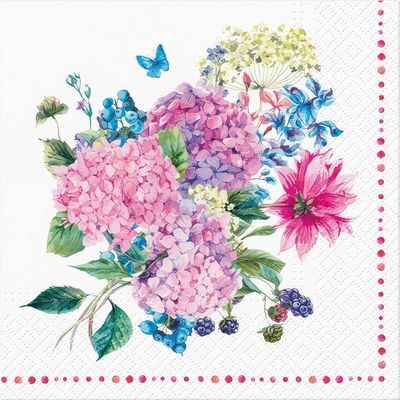 Decoupage Paper Napkins - Floral - Hydrangea Bouquet

This decoupage paper napkin features a vibrant and cheerful floral design. The centerpiece is a lush bouquet of colorful hydrangeas in shades of pink, lavender, and light blue, complemented by bright green leaves. Interspersed within the bouquet are additional blue flowers, small berries, and a striking pink blossom, adding depth and contrast to the composition. A delicate blue butterfly flutters nearby, adding a whimsical touch. The napkin&#39;s border is adorned with a dotted pattern in coordinating pink and red tones, enhancing its lively and festive appeal. Perfect for spring or summer events, this napkin brings a fresh and inviting floral charm to any craft project.