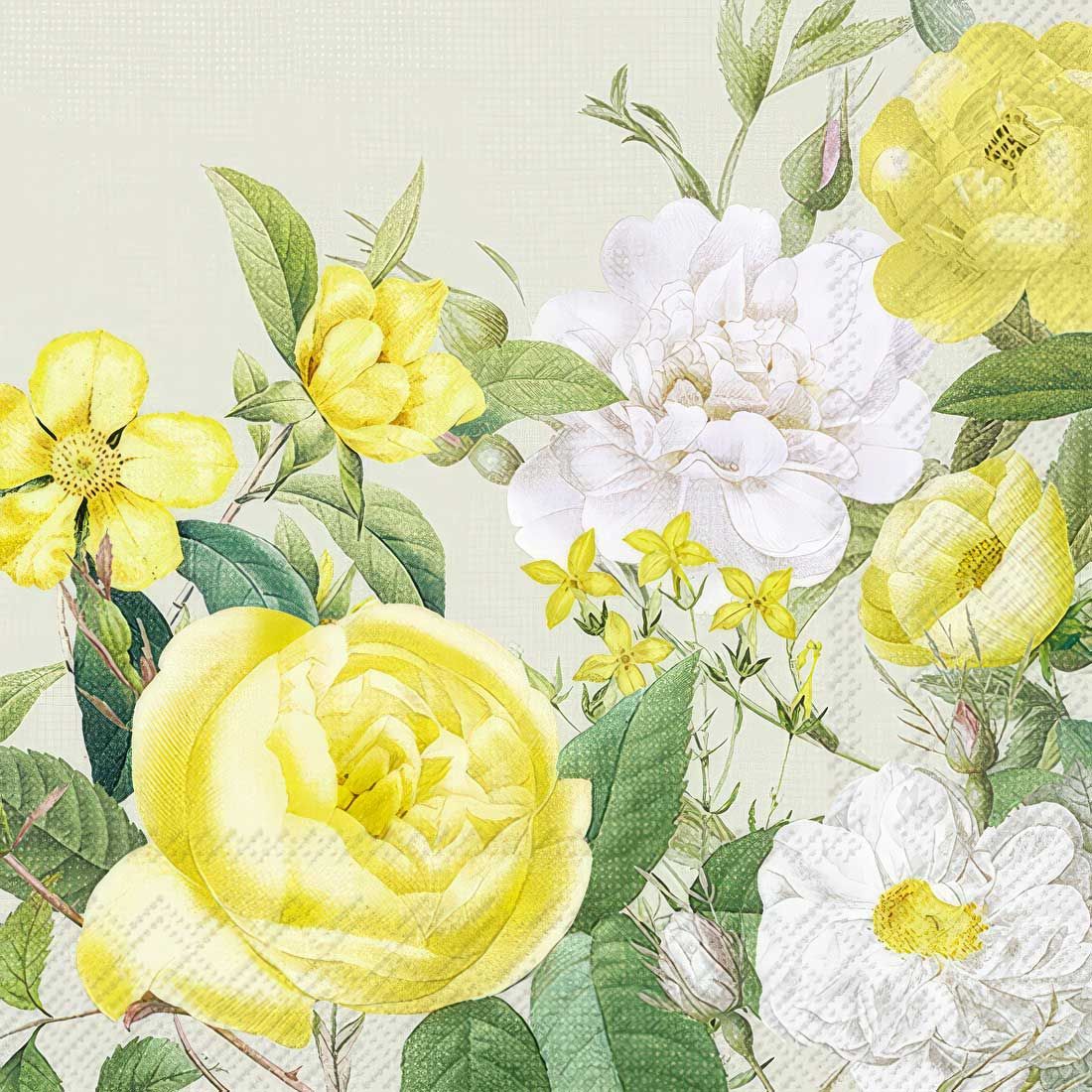 Decoupage Paper Napkins - Floral - Yellow Rose Garden Sage

This decoupage paper napkin features a delicate and elegant floral design. It showcases a variety of beautifully illustrated flowers, predominantly yellow roses and white peonies, interspersed with green leaves and small yellow blossoms. The background is a soft, sage grey, adding a subtle and serene backdrop that complements the vibrant colors of the flowers. This design is perfect for adding a touch of sophistication and natural beauty to any craft project.