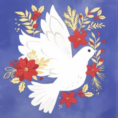 Decoupage Paper Napkins - Bird - Peace

This decoupage paper napkin features a festive and vibrant design, showcasing a graceful white dove surrounded by an array of seasonal elements. The dove, symbolizing peace, is depicted in flight against a rich blue background. It is adorned with bright red poinsettias, golden foliage, and red berries, creating a striking and cheerful composition. This napkin is perfect for adding a touch of elegance and joy to any festive decor.
