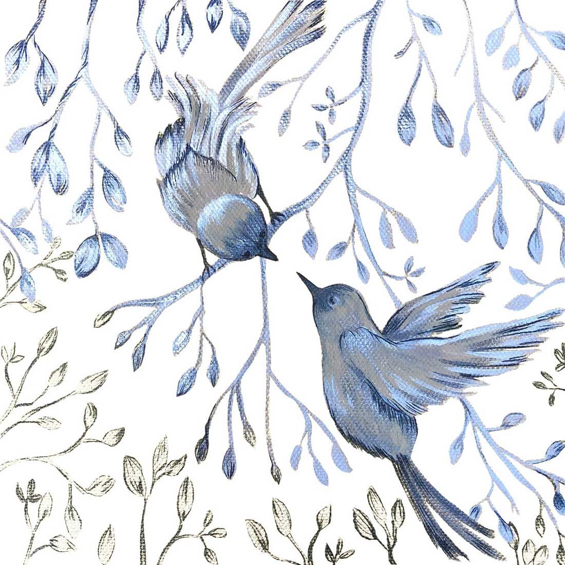 Decoupage Paper Napkins - Bird - Jardin Japonais En Blanc

This paper napkin features an elegant, nature-inspired design titled &quot;Jardin Japonais en Blanc.&quot; The artwork showcases two delicate birds in soft shades of blue perched on intertwined branches adorned with leaves and buds. The subtle yet intricate detailing creates a serene and sophisticated aesthetic, perfect for adding a touch of tranquility and charm to your projects.