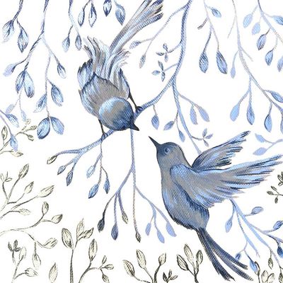 Decoupage Paper Napkins - Bird - Jardin Japonais En Blanc

This paper napkin features an elegant, nature-inspired design titled &quot;Jardin Japonais en Blanc.&quot; The artwork showcases two delicate birds in soft shades of blue perched on intertwined branches adorned with leaves and buds. The subtle yet intricate detailing creates a serene and sophisticated aesthetic, perfect for adding a touch of tranquility and charm to your projects.