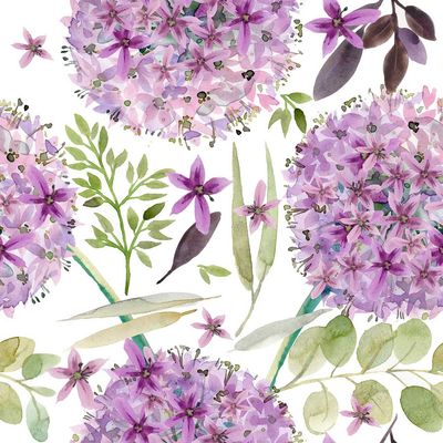 Decoupage Paper Napkins - Floral - Purple Vintage Flowers

This paper napkin features a beautiful watercolor design of vintage-style purple flowers. The delicate, hand-painted blooms are accompanied by green foliage and various shades of leaves, creating a soft and elegant floral pattern. Perfect for adding a touch of charm and sophistication to any project, this napkin combines artistic beauty with practical functionality.