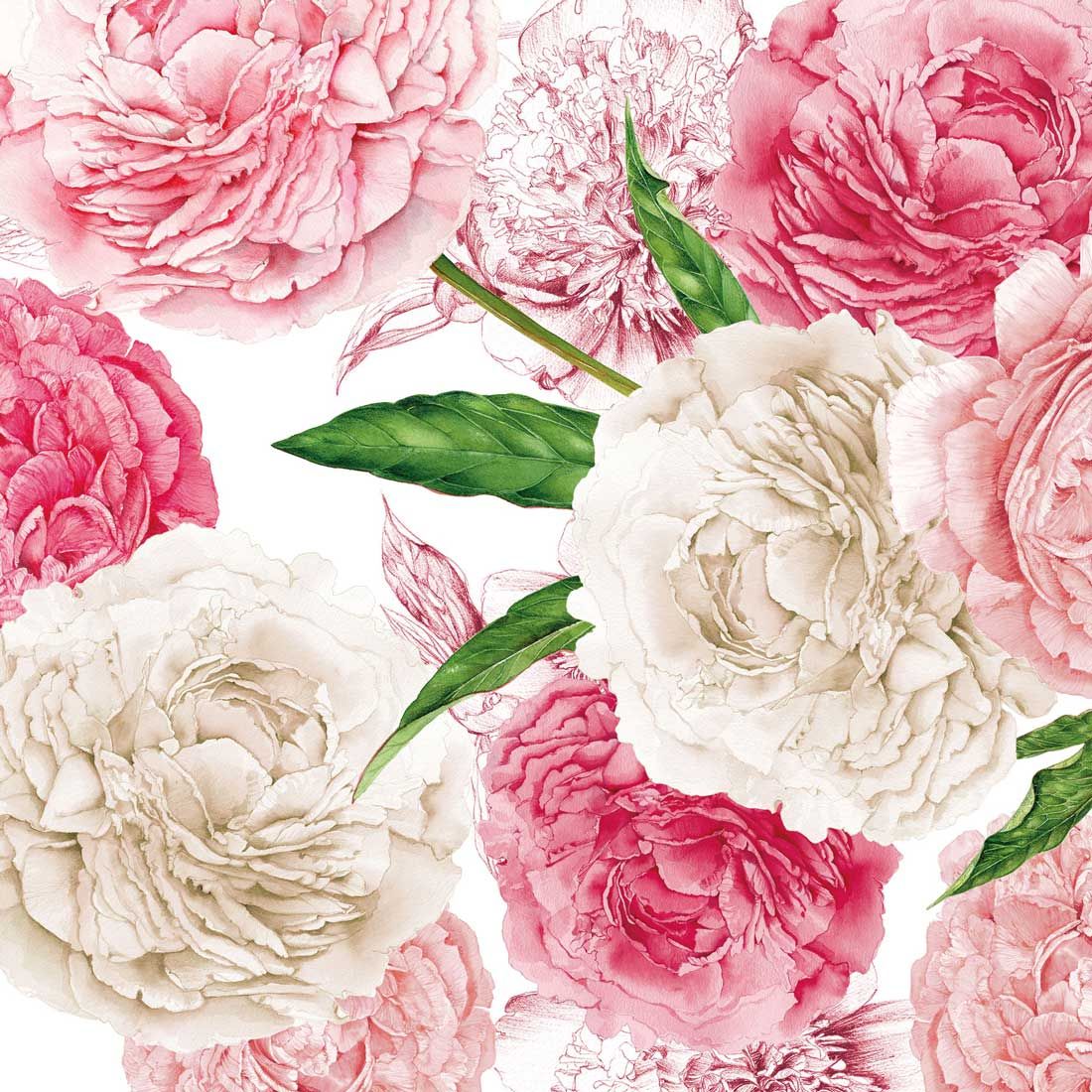 Decoupage Paper Napkins - Floral - Peonies

This decoupage paper napkin features a stunning design of blooming peonies in soft shades of pink and ivory. The detailed, hand-drawn style of the flowers is complemented by delicate green leaves, creating a sophisticated and timeless look. Ideal for decoupage projects, crafting, or adding a touch of elegance, this napkin brings the beauty of nature into your decor.
