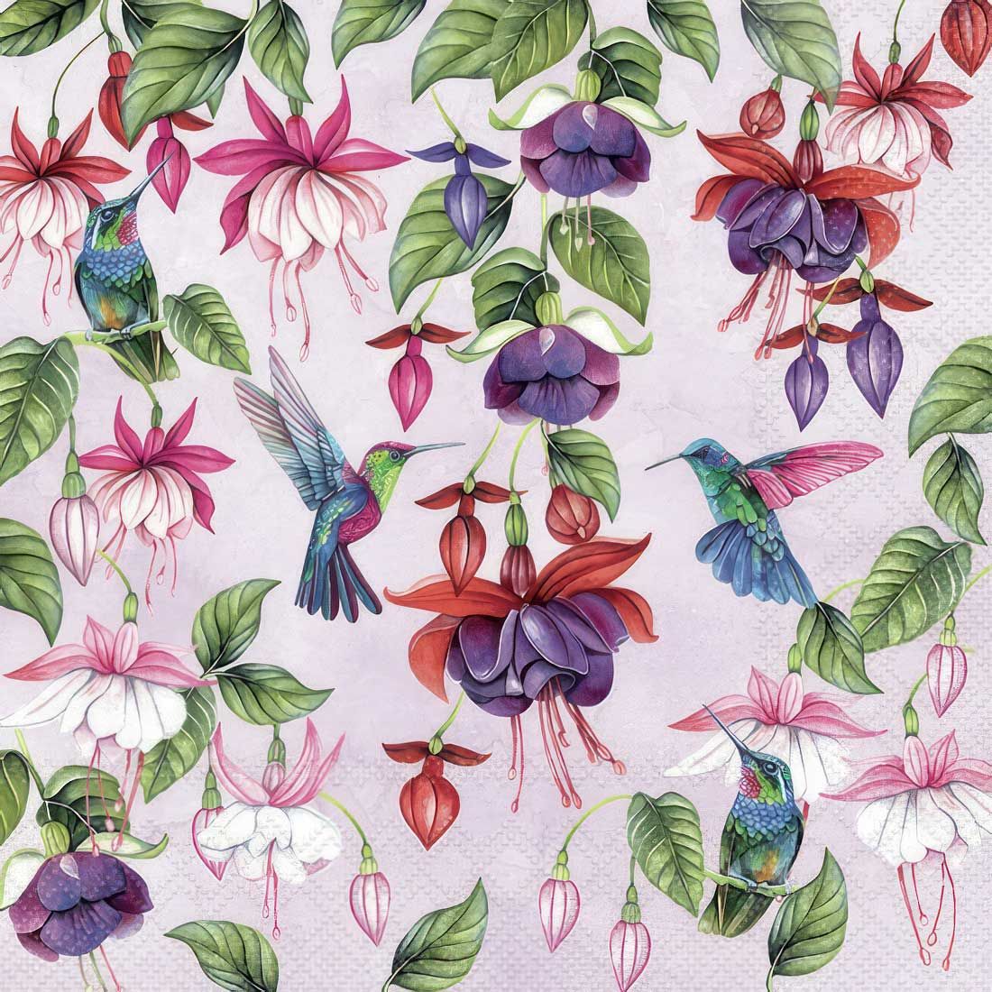 Decoupage Paper Napkins - Bird - Fuchsia

This decoupage paper napkin features a vibrant and elegant design of fuchsia flowers intertwined with lush green leaves. Among the flowers, beautifully detailed hummingbirds in shades of green, blue, and pink are delicately hovering, adding a sense of life and movement to the scene. The background is a soft, pastel pink, which enhances the colors of the flowers and birds, making them stand out even more. This design is perfect for crafting projects that aim to capture the beauty of nature and the grace of these tiny, colorful birds.