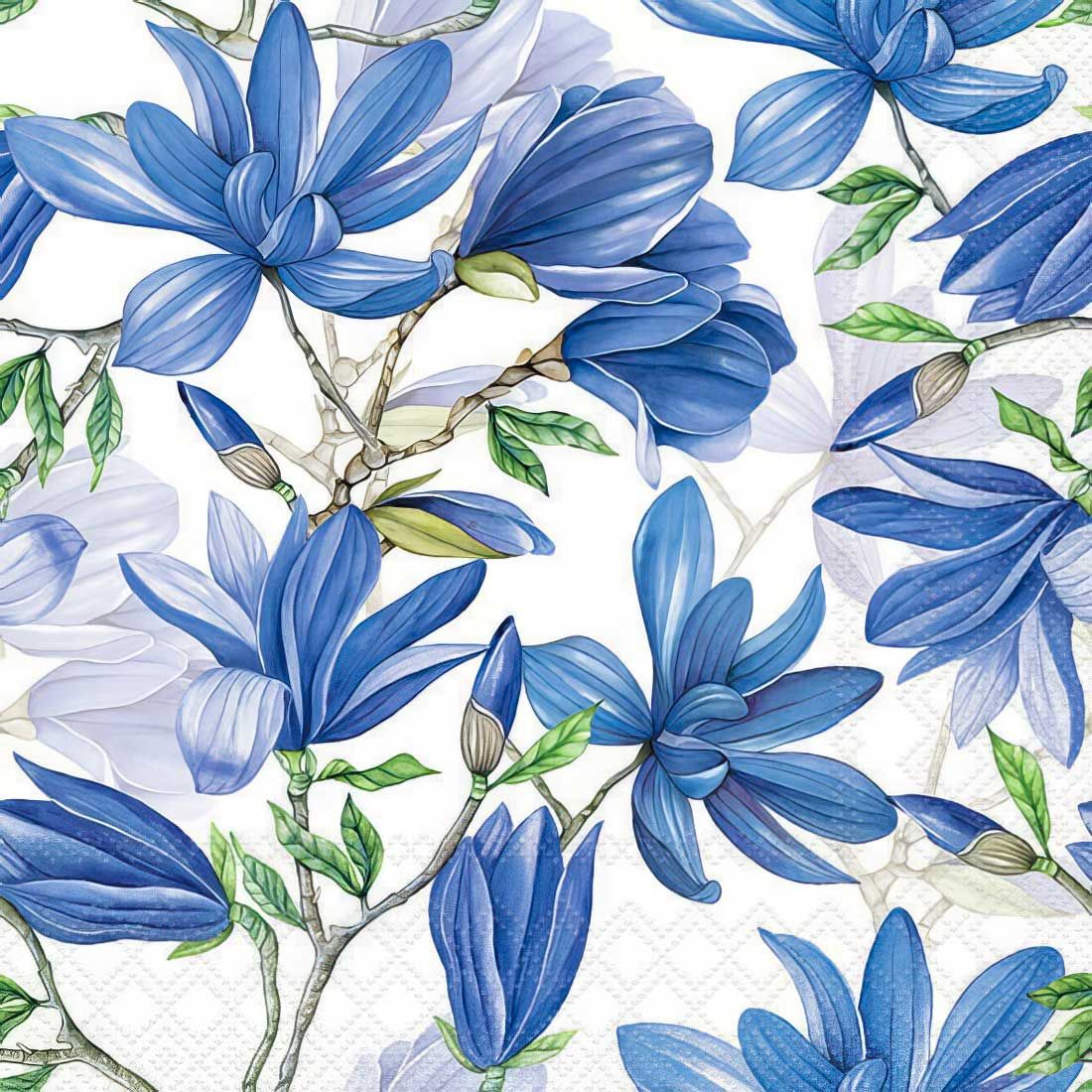 Decoupage Paper Napkins - Floral - Magnolia Acuminata White

This decoupage paper napkin features a vibrant and elegant design of large, blue magnolia blossoms against a soft white background. The petals are richly detailed with subtle shading, giving the flowers a sense of depth and texture. Delicate green leaves and slender branches intertwine between the blooms, adding a fresh and natural touch. This design is perfect for creating a serene and sophisticated look in various craft projects.