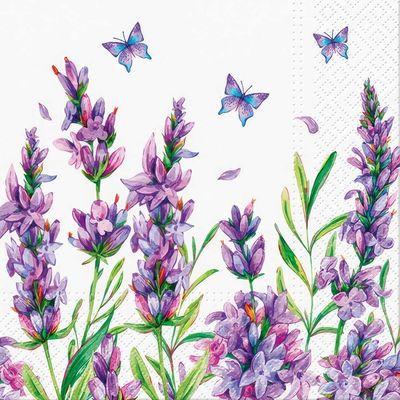 Decoupage Paper Napkins - Floral - Lavender Butterfly

This decoupage paper napkin showcases a serene and delicate design of lavender sprigs in full bloom, rendered in shades of purple and lilac. The tall, slender stalks are complemented by soft green leaves, creating a calming and natural scene. Scattered petals and fluttering blue and purple butterflies add a touch of whimsy and motion to the design. The white background enhances the pastel colors, making the lavender flowers and butterflies pop. This napkin is ideal for adding a soothing, floral touch to any craft project.