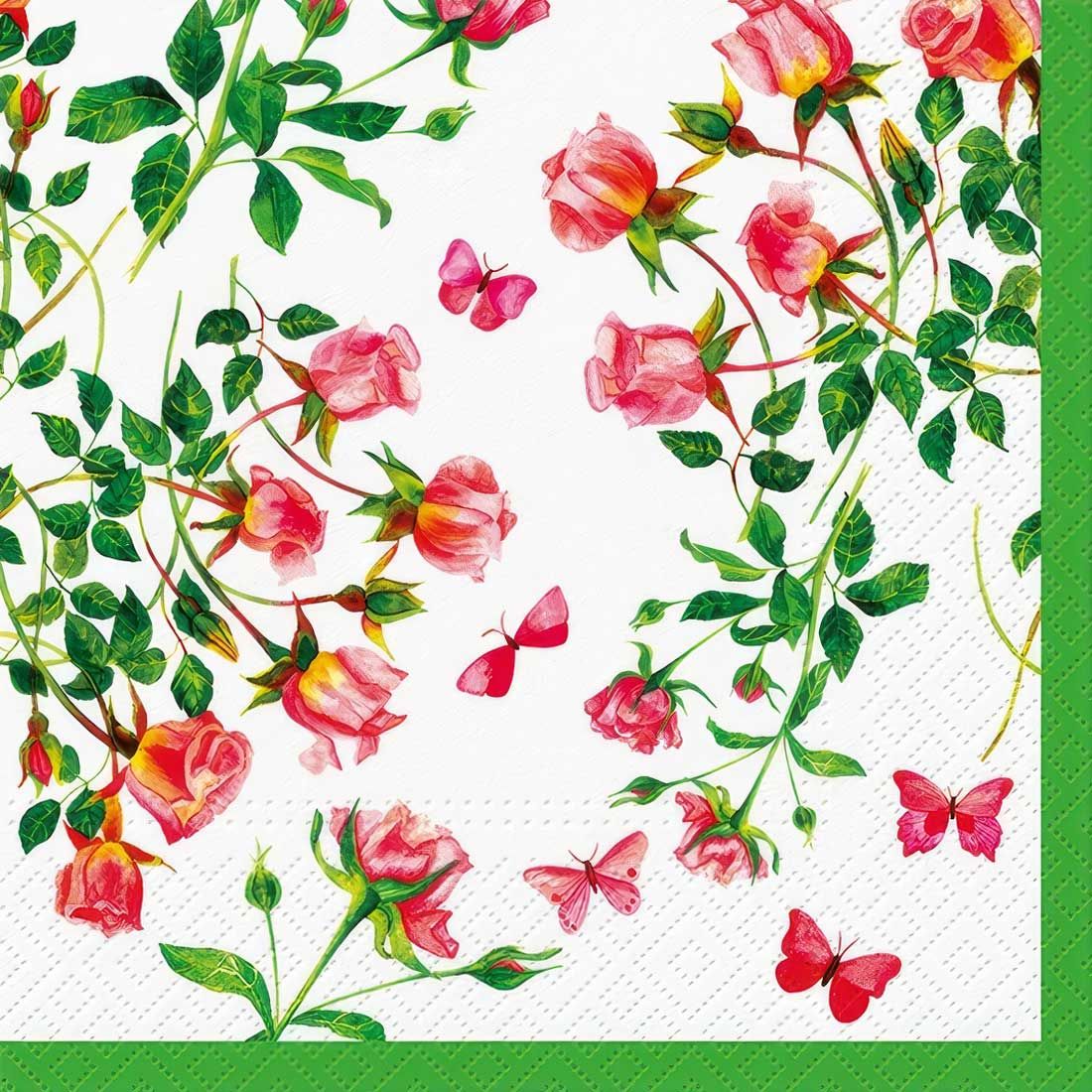 Decoupage Paper Napkins - Floral - Tiny Roses

This decoupage paper napkin features a charming and vibrant design of pink roses in various stages of bloom, intertwined with lush green leaves. Scattered among the roses are delicate pink and red butterflies, adding a whimsical touch to the overall design. The background is white, allowing the vivid colors of the flowers and butterflies to stand out beautifully. A green border frames the design, providing a crisp and clean edge. This napkin is perfect for adding a touch of floral elegance to your crafting projects.