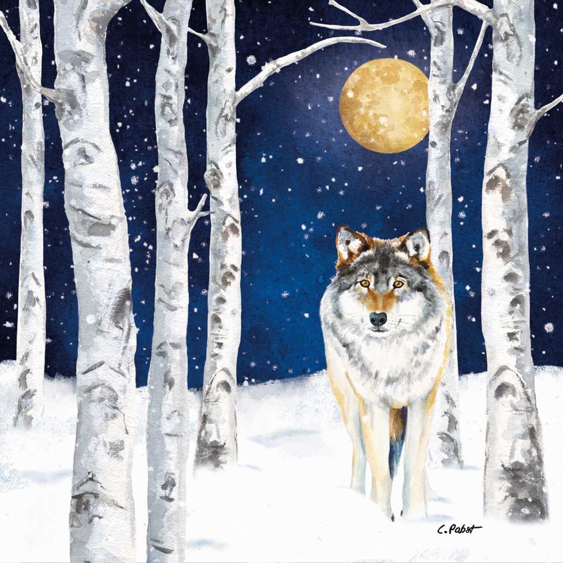 Decoupage Paper Napkins - Animals - Winter Wolf

This striking decoupage napkin captures the haunting beauty of a winter night, featuring a lone wolf standing tall amidst a snowy forest of bare birch trees. The full moon glows softly in the dark, starry sky, casting an ethereal light over the scene. The artwork, with its realistic detail and vivid contrast between the cool snow and the warm hues of the wolf’s fur, evokes a sense of mystery and wild serenity, making it perfect for seasonal crafts, rustic decor, or nature-themed projects.