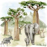 Decoupage Paper Napkins - Animals - Baobab Scenery

This beautifully illustrated decoupage napkin features an enchanting African savannah scene, showcasing majestic baobab trees under a serene sky. In the foreground, a graceful elephant and her calf walk alongside a pair of zebras, capturing the wild and tranquil spirit of nature. The soft watercolor style and delicate details make this napkin perfect for crafting, scrapbooking, or adding a touch of exotic charm to any craft project.