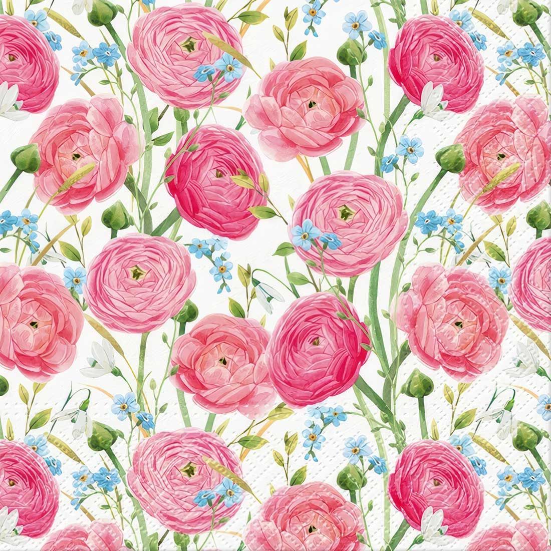 Decoupage Paper Napkins - Floral - Symphony Of Summer

This decoupage paper napkin features a vibrant and lively floral design, predominantly showcasing lush, blooming pink ranunculus flowers. Interspersed among the pink blooms are delicate blue forget-me-nots and white blossoms, adding a touch of contrast and freshness to the overall pattern. The flowers are set against a soft, white background, allowing the vivid colors to stand out, creating a sense of elegance and summer charm. The intricate detailing of the petals and stems gives the design a realistic, hand-painted look, perfect for adding a touch of natural beauty to any craft project.