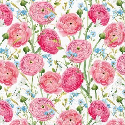 Decoupage Paper Napkins - Floral - Symphony Of Summer

This decoupage paper napkin features a vibrant and lively floral design, predominantly showcasing lush, blooming pink ranunculus flowers. Interspersed among the pink blooms are delicate blue forget-me-nots and white blossoms, adding a touch of contrast and freshness to the overall pattern. The flowers are set against a soft, white background, allowing the vivid colors to stand out, creating a sense of elegance and summer charm. The intricate detailing of the petals and stems gives the design a realistic, hand-painted look, perfect for adding a touch of natural beauty to any craft project.