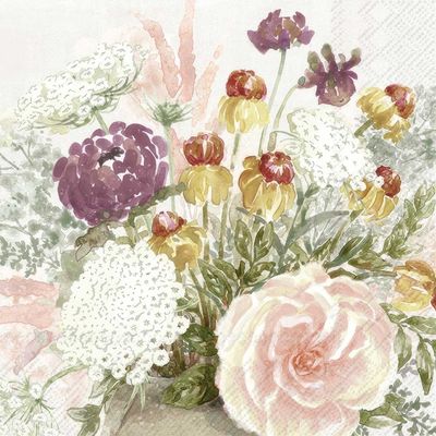 Decoupage Paper Napkins - Floral - Ute

This decoupage paper napkin showcases a beautifully soft and romantic floral arrangement, featuring a delicate mix of blooms in pastel tones. The centerpiece is a pale pink rose, surrounded by white Queen Anne&#39;s lace, soft yellow flowers, and deep purple blooms, all set against a muted, light background. The watercolor effect gives the design a dreamy, vintage feel, with each flower appearing to gently blend into the next. The subtle, hand-painted style and harmonious color palette make this napkin an ideal choice for creating elegant, floral-themed crafts and decorations.