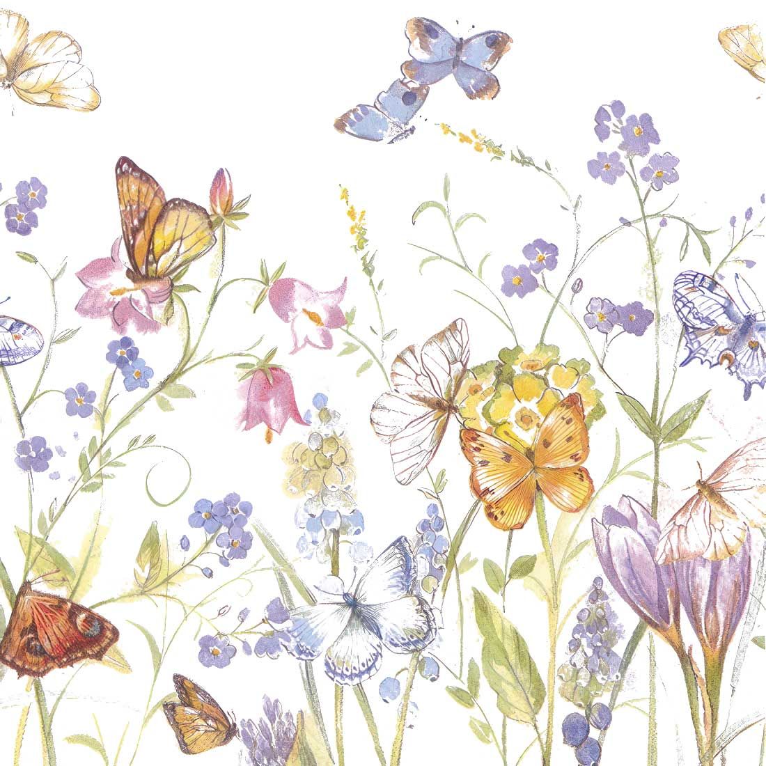 Decoupage Paper Napkins - Butterflies - Butterflies And Blossoms White

This decoupage paper napkin features a soft and delicate illustration of butterflies fluttering among blooming wildflowers. The pastel hues of purple, blue, yellow, and pink blossoms blend beautifully with the butterflies, which are depicted in gentle shades of orange, blue, and white. The design exudes a serene and airy feel, perfect for spring or summer-themed crafts and decor. Its graceful combination of butterflies and flowers makes it an ideal choice for nature-inspired projects .
