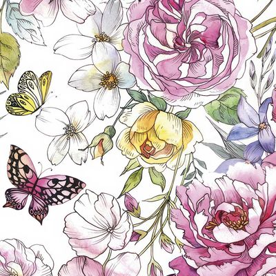 Decoupage Paper Napkins - Butterflies - Watercolour With Roses And Butterflies

This decoupage paper napkin features a stunning watercolor design of lush, blooming roses and delicate flowers intertwined with vibrant butterflies. The soft pinks, yellows, and purples of the flowers, along with the intricate detailing of the butterflies in shades of pink, yellow, and black, create an elegant yet lively aesthetic. Perfect for adding a romantic, nature-inspired touch to crafts.

