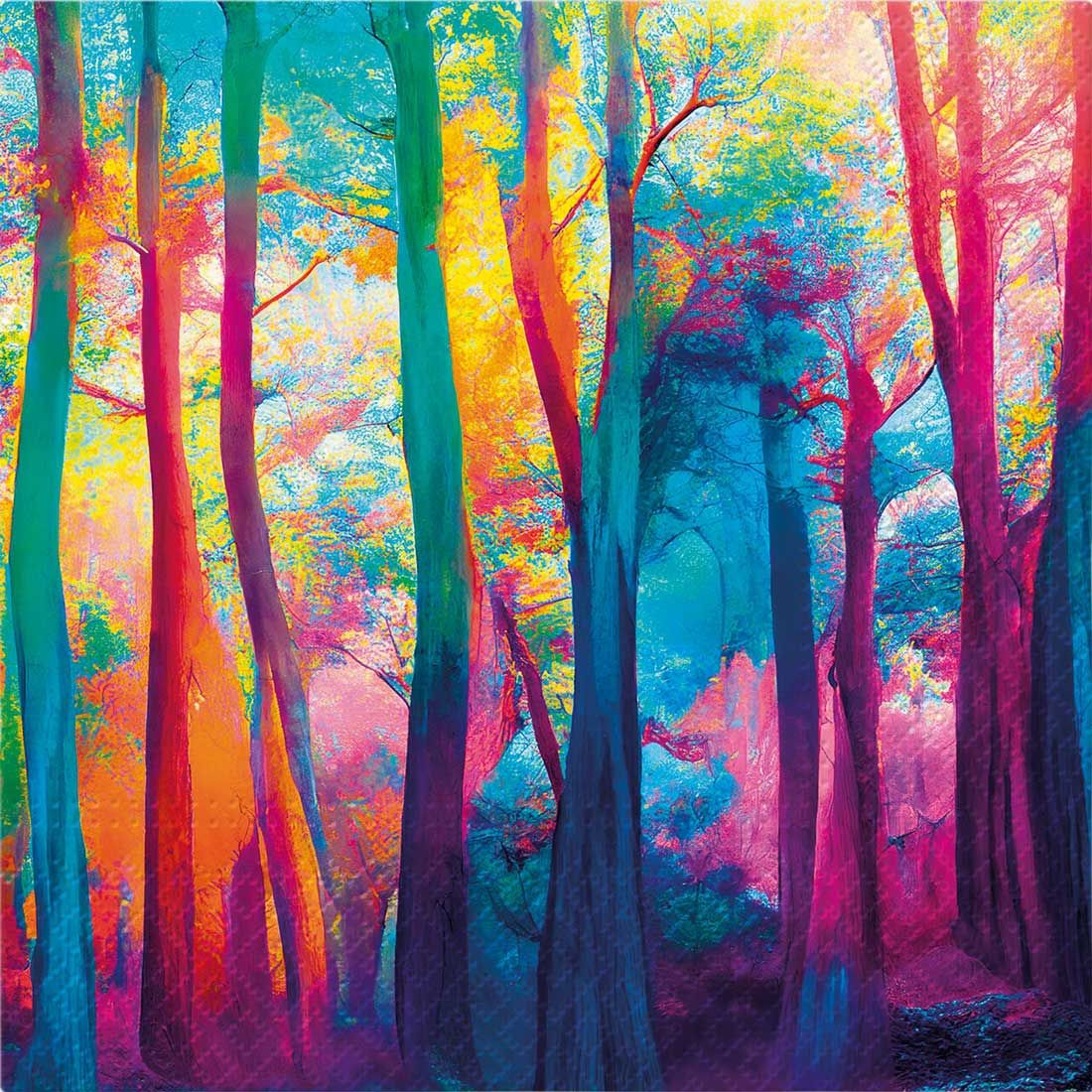 Decoupage Paper Napkins - Outdoor/Scenic - Colorful Magic Forest

This decoupage paper napkin features a mesmerizing and vibrant depiction of a forest in magical hues. The trees, illuminated in shades of electric blue, radiant orange, bright pink, and deep purple, create a surreal and dreamy atmosphere. The bold color palette blends beautifully, giving the forest an otherworldly, enchanted look, as if bathed in the glow of twilight or dawn. Perfect for creating striking craft projects, this napkin brings a burst of color and an ethereal, mystical quality to any design.