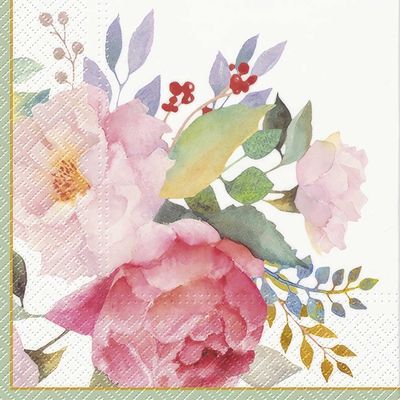Decoupage Paper Napkins - Floral - Tender Bouquet

This decoupage paper napkin features a delicate, watercolor-style floral design. The soft pink and blush-colored roses are the focal point, accompanied by pastel green leaves and muted lavender accents. Sprigs of berries and gold-hued foliage add subtle contrast, while the background remains a light, creamy off-white. The texture of the napkin enhances the elegance of the bouquet, making it perfect for a variety of decorative projects like scrapbooking, crafting, or table setting. The overall aesthetic is soft, romantic, and vintage-inspired.
