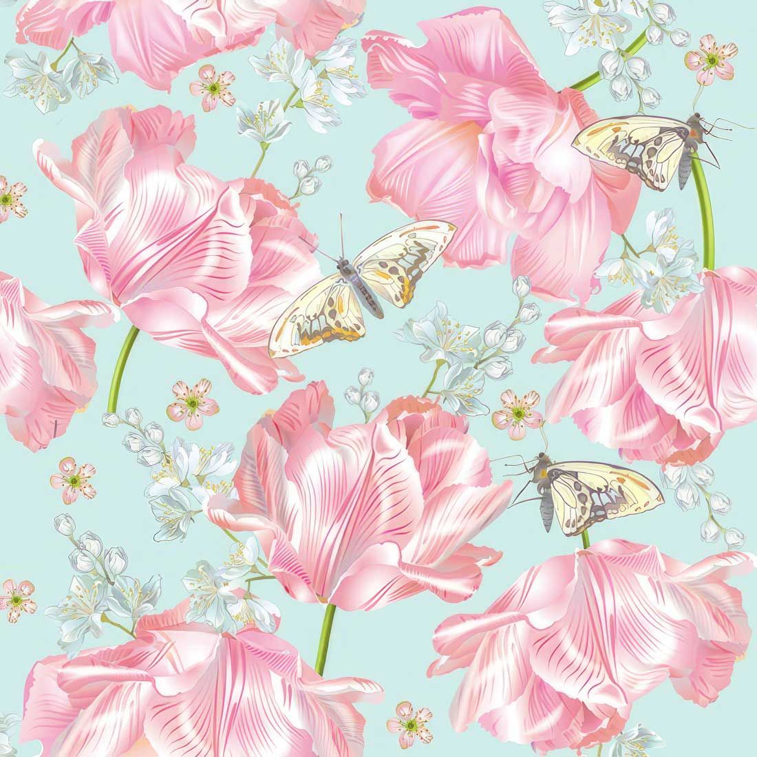 Decoupage Paper Napkins - Floral - Pink Tulips With Butterflies

This decoupage paper napkin showcases a whimsical and vibrant design featuring large, pink tulips in full bloom. The petals are delicately detailed with soft gradients of pink and white, giving the flowers a graceful, flowing appearance. Butterflies with light yellow and brown markings flutter around the tulips, adding a sense of life and movement. Surrounding the tulips are small clusters of white blossoms and buds, set against a light, Light Blue background. This charming, springtime design is perfect for crafting, table decor, or DIY art projects, creating a fresh and elegant atmosphere.