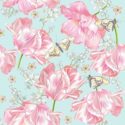 Decoupage Paper Napkins - Floral - Pink Tulips With Butterflies

This decoupage paper napkin showcases a whimsical and vibrant design featuring large, pink tulips in full bloom. The petals are delicately detailed with soft gradients of pink and white, giving the flowers a graceful, flowing appearance. Butterflies with light yellow and brown markings flutter around the tulips, adding a sense of life and movement. Surrounding the tulips are small clusters of white blossoms and buds, set against a light, Light Blue background. This charming, springtime design is perfect for crafting, table decor, or DIY art projects, creating a fresh and elegant atmosphere.