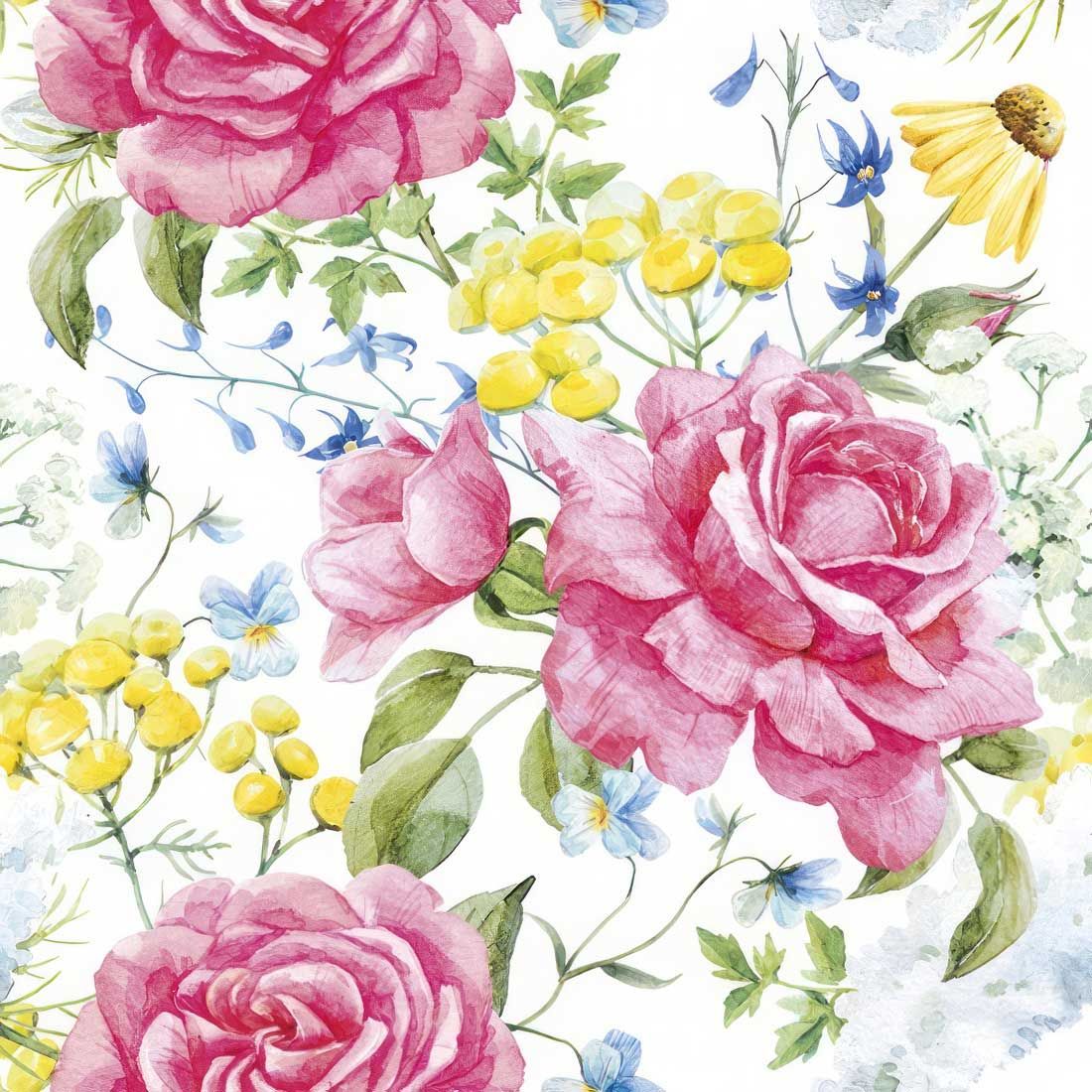 Decoupage Paper Napkins - Floral - Roses And Field Flowers 

This beautiful decoupage paper napkin features a vibrant floral design with large, blooming pink roses as the centerpiece. Surrounding the roses are delicate yellow flowers and soft blue blossoms, creating a refreshing and elegant composition. The watercolored effect adds a light, artistic touch to the overall pattern, making it perfect for crafting, home décor projects, or special occasions. Ideal for adding a charming and romantic touch to any table setting or decoupage artwork, this napkin captures the beauty of nature with its soft color palette and graceful floral arrangement.