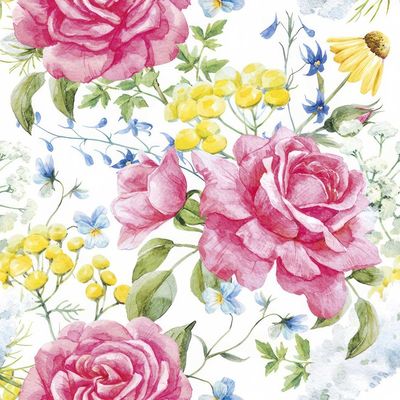 Decoupage Paper Napkins - Floral - Roses And Field Flowers 

This beautiful decoupage paper napkin features a vibrant floral design with large, blooming pink roses as the centerpiece. Surrounding the roses are delicate yellow flowers and soft blue blossoms, creating a refreshing and elegant composition. The watercolored effect adds a light, artistic touch to the overall pattern, making it perfect for crafting, home décor projects, or special occasions. Ideal for adding a charming and romantic touch to any table setting or decoupage artwork, this napkin captures the beauty of nature with its soft color palette and graceful floral arrangement.
