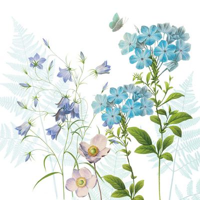Decoupage Paper Napkins - Floral - Blue Harmony

This decoupage paper napkin features a delicate arrangement of botanical illustrations. The design highlights soft blue phlox flowers and bell-shaped blooms, contrasted against pale ferns and gentle green leaves. A soft pastel butterfly flutters near the flowers, adding a whimsical touch. The overall color palette includes light blues, whites, and greens, evoking a serene, nature-inspired aesthetic ideal for craft projects with a fresh and calming feel.