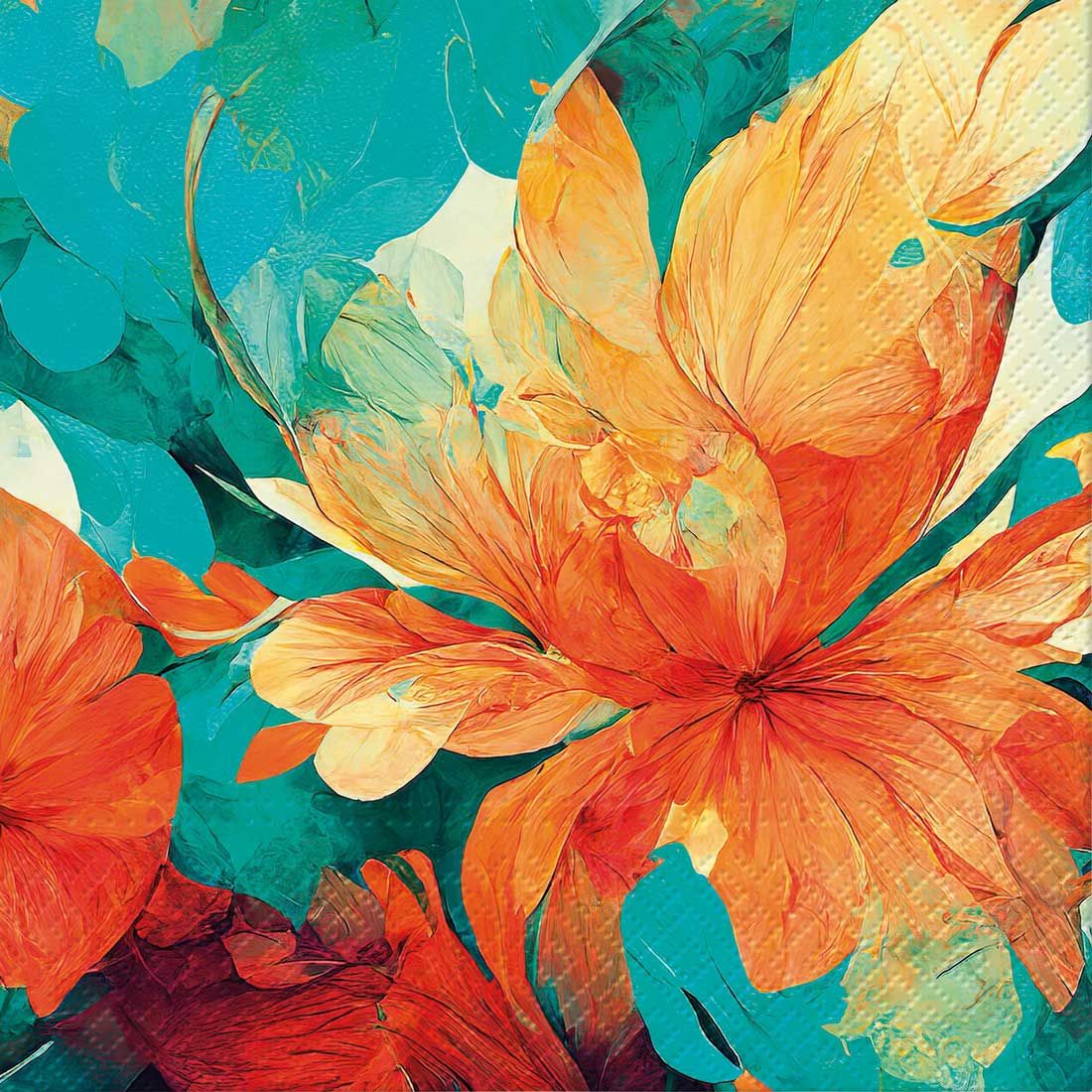 Decoupage Paper Napkins - Floral - Zen Abstract Flower

This decoupage paper napkin showcases a bold and vibrant design with oversized floral motifs. The fiery orange petals, contrasted against deep teal and turquoise hues, create a striking composition reminiscent of abstract art. The dynamic brushstroke textures and layered colors evoke a sense of movement and energy. Perfect for modern and artistic decoupage projects, this napkin brings a vivid splash of color and a contemporary touch to any craft or table setting.
