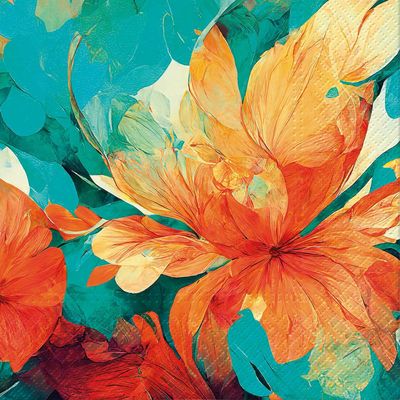 Decoupage Paper Napkins - Floral - Zen Abstract Flower

This decoupage paper napkin showcases a bold and vibrant design with oversized floral motifs. The fiery orange petals, contrasted against deep teal and turquoise hues, create a striking composition reminiscent of abstract art. The dynamic brushstroke textures and layered colors evoke a sense of movement and energy. Perfect for modern and artistic decoupage projects, this napkin brings a vivid splash of color and a contemporary touch to any craft or table setting.
