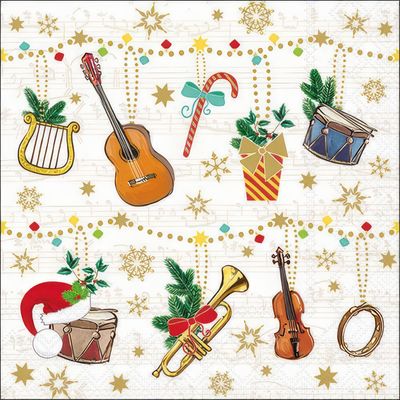 Decoupage Paper Napkins - Christmas/Xmas - Christmas instruments

This festive decoupage paper napkin features a whimsical design of musical instruments decorated with Christmas elements. The layout includes a guitar, violin, trumpet, drums, tambourine, and harp, adorned with holly, pine branches, and festive ribbons. Interspersed among the instruments are Christmas motifs such as candy canes, gift boxes, stars, snowflakes, and baubles in a gold, red, and green color palette. The background is a soft, musical score pattern, adding a harmonious holiday touch to the overall design, perfect for music-themed Christmas décor or crafting.