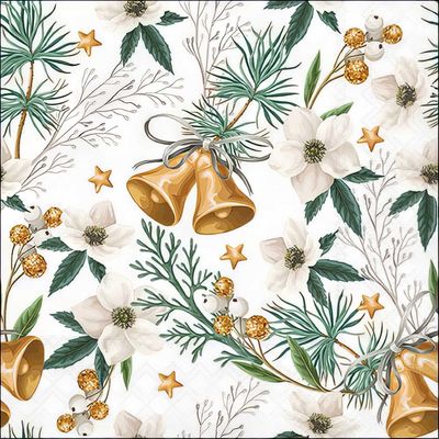 Decoupage Paper Napkins - Christmas/Xmas - Helleborus And Bells

This elegant decoupage paper napkin features a refined Christmas theme with golden bells as the central motif, tied with silver ribbons and surrounded by lush pine branches. Delicate white hellebore flowers, often associated with winter and the holiday season, complement the design, along with small golden ornaments and star accents. The soft green foliage and neutral tones create a peaceful and festive atmosphere, making this napkin ideal for holiday crafts or table settings that emphasize a natural, sophisticated Christmas aesthetic.