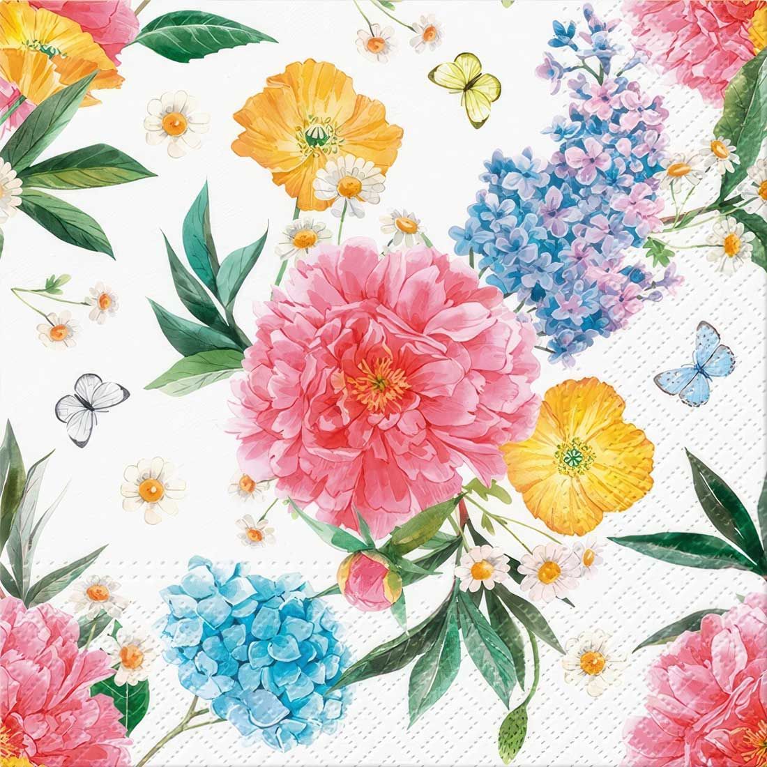 Decoupage Paper Napkins - Floral - Smell Of Summer

This vibrant decoupage napkin captures the essence of a blooming summer garden. Featuring bold, colorful flowers like peonies, poppies, and hydrangeas, it is enhanced by delicate daisies and playful butterflies fluttering across the design. The soft pastel tones of pink, yellow, blue, and green blend beautifully, creating a lively and fresh aesthetic, perfect for crafting or decorating. This napkin brings the beauty of nature indoors, making it a versatile choice for creative projects.
