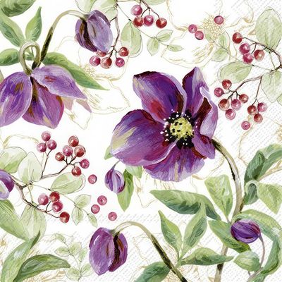 Decoupage Paper Napkins - Floral - Rose Noel Gold

This luxurious decoupage napkin features striking purple roses in full bloom, accompanied by delicate berries and soft green foliage. Hints of gold detailing add an elegant, festive touch, making this design perfect for holiday-themed crafts. The rich, vibrant colors and artistic brushstrokes give the floral elements a dynamic, hand-painted feel, while the muted background ensures the flowers remain the focus. Ideal for Christmas or winter projects, this napkin brings a sophisticated seasonal charm to any creative endeavor.
